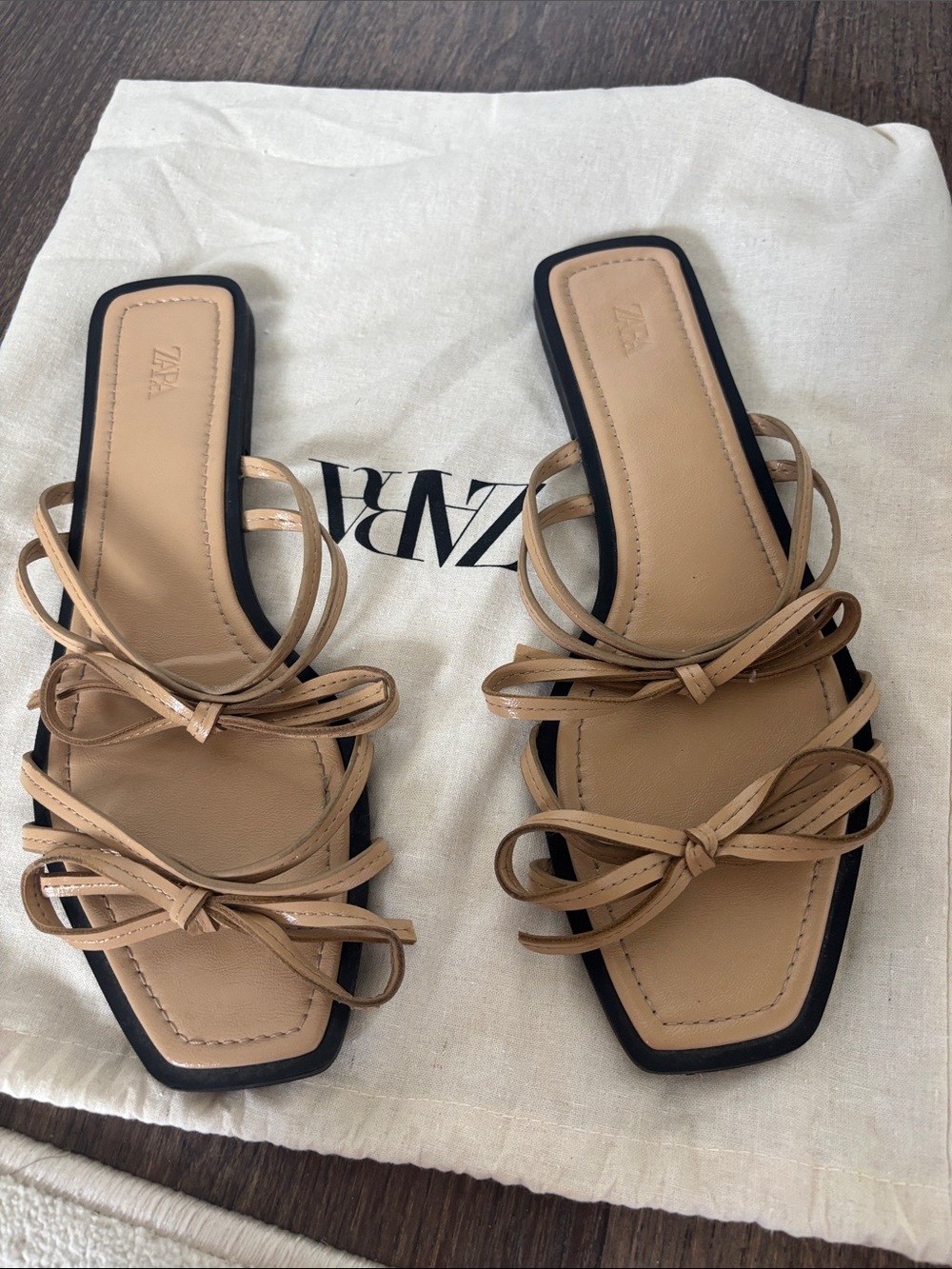 Zara Beige Bow-Strap Square-Toe Slide Mules